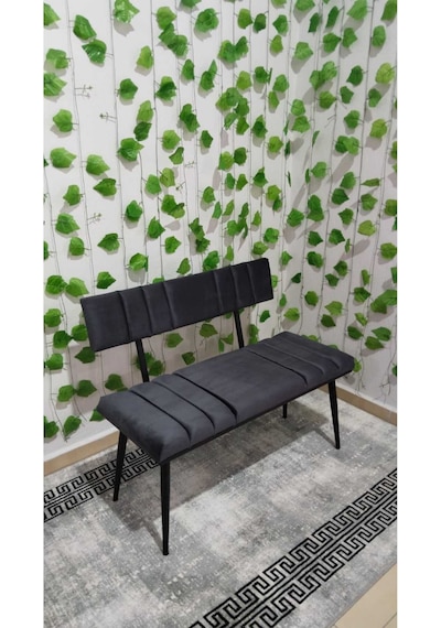 Özcan Metal Siyah Metal Ayaklı Metal Kasalı Sırtlı Mutfak Salon Antre Yatak Odası Balkon Puf Bank Bench Oturak Antrasit