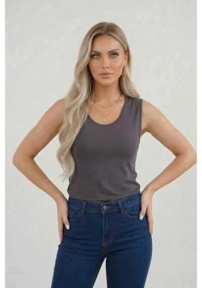 Hashtag Kadın Prenses Yaka Sıfır Kol Body Günlük Viskon Kumaş Antrasit