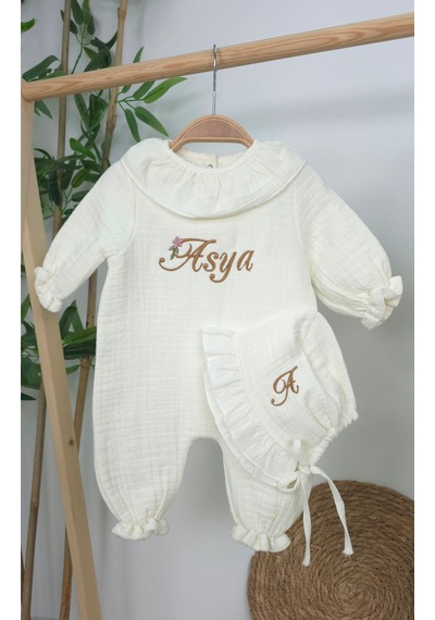 Gros Shop Müslin Yeni Doğan 4katlı Organik %100pamuk Kişiye Özgü Nakışlı Hastane Çıkış Seti Papatya Model-4 Ekru-1