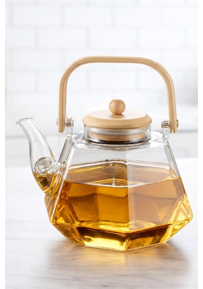 Bambu Kapaklı Isıya Dayanıklı Borosilikat Cam Demlik - 1500 Ml Prizma Cam Çaydanlık Şeffaf