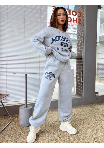 Mıchıgan Baskılı Bisiklet Yaka Gri Sweatshirt Ve Siyah Eşofman Altı Eşofman Takımı Gri