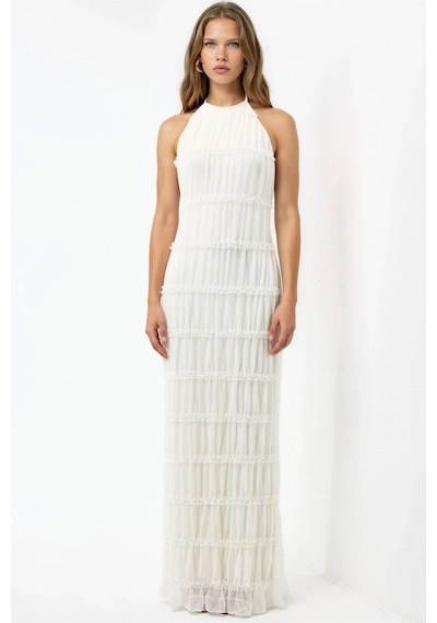 Hiccup Halter Yaka Dokulu Maxi Elbise Beyaz
