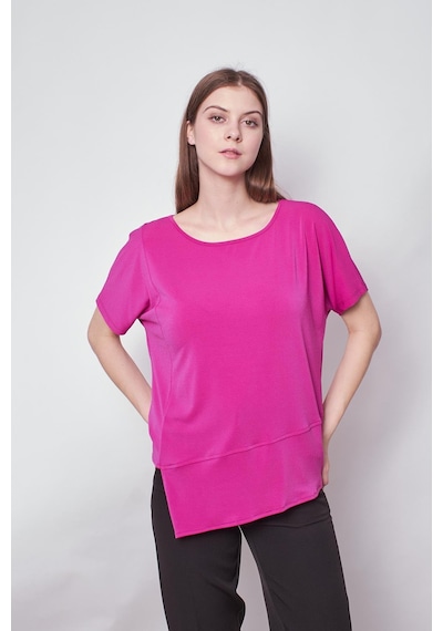 Jument Kadın Likralı Krep Kumaş Kayık Yaka Düşük Omuzlu Asimetrik Bluz-magenta Magenta