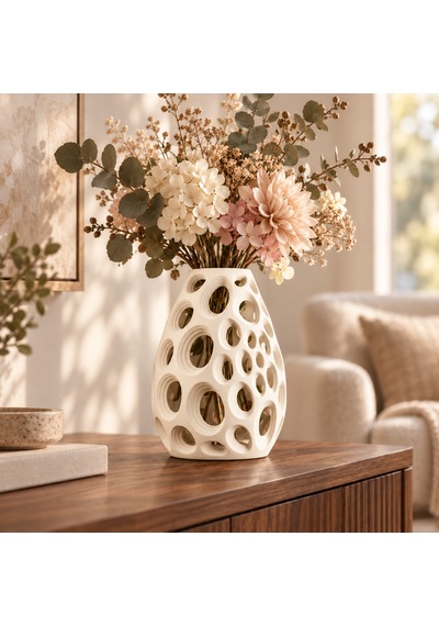 Dekoratif Vazo 20 Cm Oval Delikli Modern Tasarım Kuru Ve Yapay Çiçek Vazosu Krem