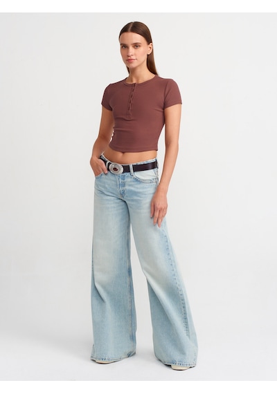 Dilvin Düğme Detaylı Crop Top Kahve