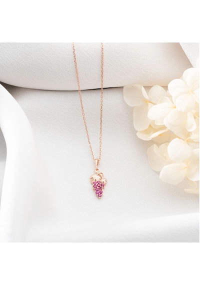 Vaoov 925 Ayar Gümüş Pembe Taşlı Üzüm Hediye Kolye Rose