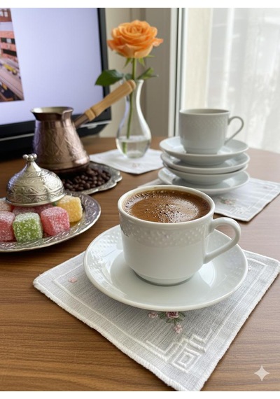 Rokoko El İşlemesi Kahve Sunumluk Peçetesi Keten 6 Parça Beyaz - Krem