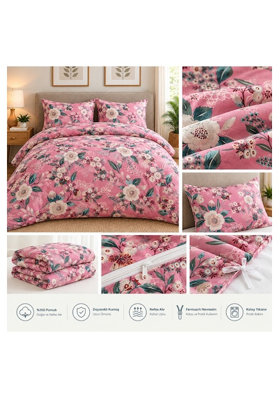 Çiçek Desenli Çift Kişilik Nevresim Takımı - Fermuarlı Ve İç Bağlamalı Pembe & Krem Açık Pembe