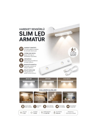Neo Vista Hareket Sensörlü Slim Led Kabin Armatürü Dekoratif Dim Edilebilir Usb Şarjlı Aydınlatma Beyaz, 20 Cm Diğer
