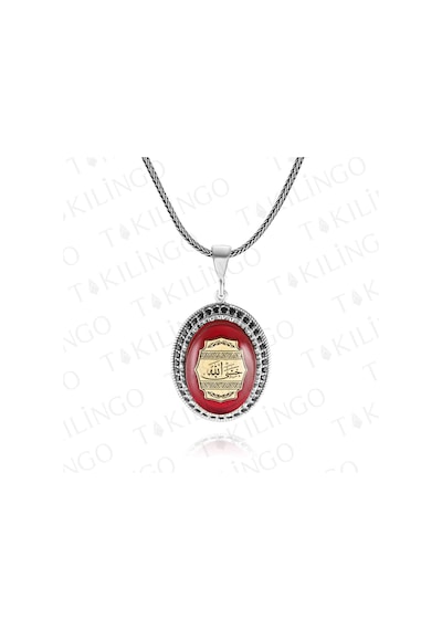 Takılingo 925 Ayar Gümüş Kehribar Taşlı Arapca Hasbi Allah Yazılı Erkek Kolye Gümüş