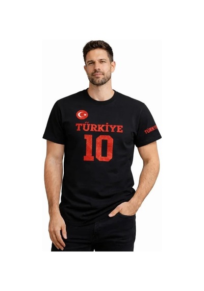 Yake Store Erkek Türkiye Ay Yıldız Baskılı 10 Numara Forma Tişört Taraftar T-shirt - Siyah - Siyah