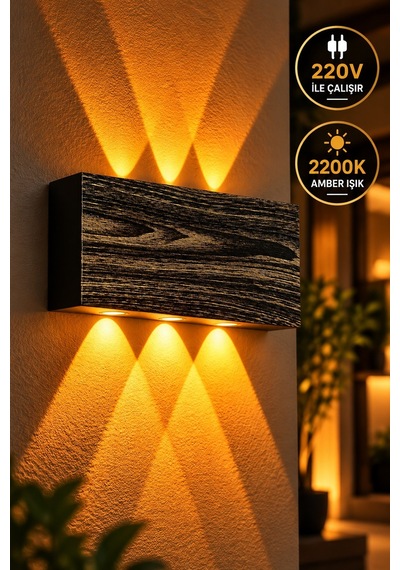 Siyah Gold Ahşap Desenli 12w 2200k Amber Işıklı 3 Gözlü Yukarı Aşağı Dekoratif Duvar Apliği 16 Cm Amber Işık