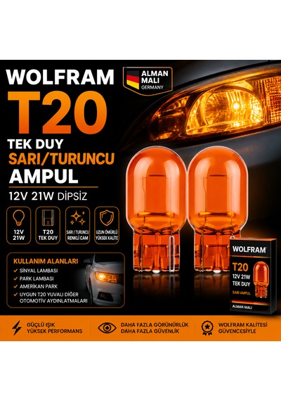 Wolfram T20 Tek Duy Sarı Turuncu Ampul 21w 12v Renkli Cam Solmaz Gündüz Farı Park Sinyal Amerikan Park Alman Malı Germany