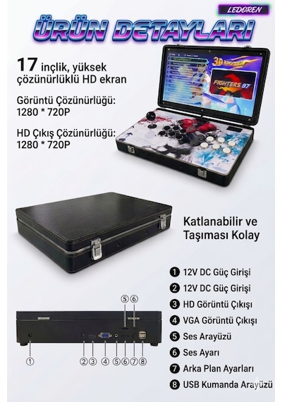 Premium Metal Arcade İki Kişilik Oyun Konsolu - 17 İnç Ekran, 20000+ Oyunlu, Katlanabilir Taşınabilir Retro Konsol