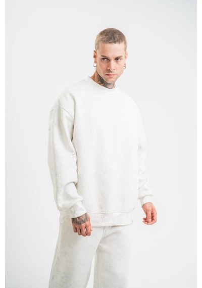 Mbb E-ticaret Erkek 3 İplik Pamuklu Bisiklet Yaka Yıkamalı Sweatshirt - Beyaz