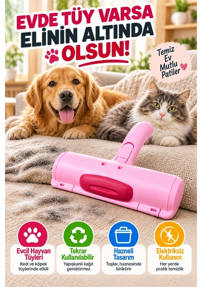 Pembe Tekrar Kullanılabilir Hazneli Tüy Toplama Rulosu Kedi Köpek Tüyü Koltuk Temizleme Aparatı