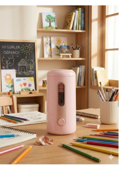 Va10 Pembe Şarjlı Otomatik Elektrikli Kalemtıraş 2000mah 5 Kademe Uç Ayarlı, 6.9-12mm Jumbo Uyumlu, Type-c, Geniş Hazneli