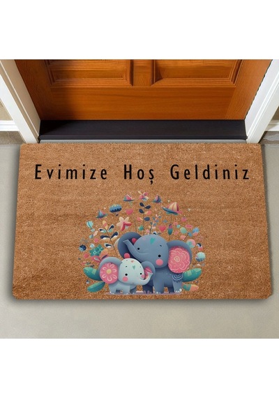 Valerine Life Sevimli Yavru Filler Ve Çiçekler Evimize Hoş Geldiniz Kapı Önü Paspası 45x70cm