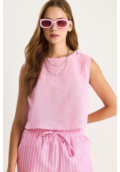 Shade Kadın Kolsuz Keten Bluz 3419-1 60282023 - Şeker Pembe