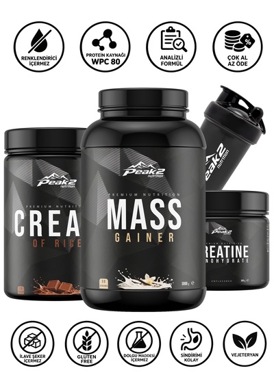 Hacim Paketi 4 - 1 Adet Mass Gainer 3 Kg Vanilya Aromalı + 1 Adet Cream Of Rice 1 Kg Çikolata Aromalı + 1 Adet Kreatin Monohidrat 300 Gr Aromasız + 1 Adet Shaker