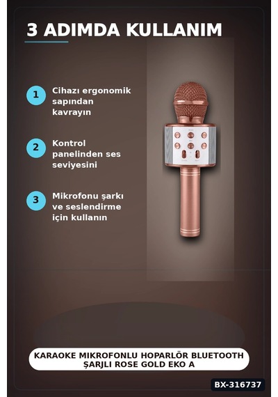 Karaoke Mikrofonlu Hoparlör Bluetooth Şarjlı Rose Gold Eko Ayarlı Usb Sd Bx-316737