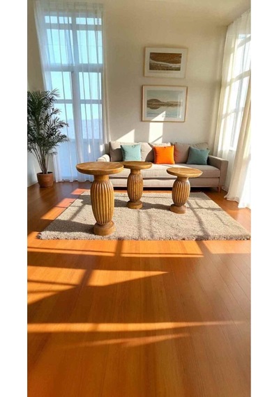 Doğal Ahşap Mantar Sehpa Takımı 3 Lü Masif Tik Zigon Sehpa Seti - Wooden Side Table Tik Ağacı