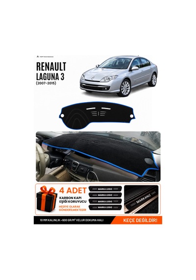Renault Laguna 3 2007-2015 Uyumlu Torpido Örtüsü, Torpido Kılıfı - Siyah Mavi