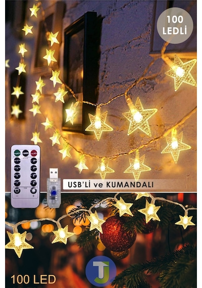 Technojet 100 Ledli 10.mt Kumandalı Usbli Dekoratif Yıldız Model Şerit Led Işık Yılbaşı Süsleme Gün Işığı - Sarı