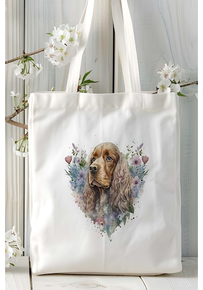 Art Hediye Spaniel Köpek Baskılı Omuz Çanta Kişiye Özel Model 10 Çok Renkli