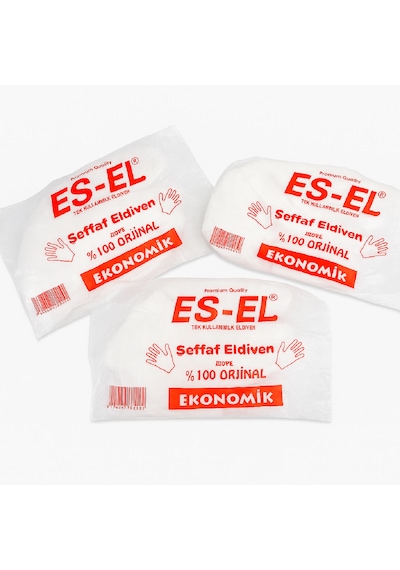 Es-el Şeffaf Tek Kullanımlık Eldiven, Poşet Eldiven, 3 Adet 100 Lü Paket, Toplam 300 Adet, Hijyenik Ve Gıda Uyumlu