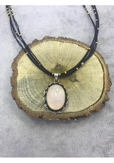 Pembe Kuvars Taşlı Gümüş Kolye 925 Ayar Taş (372676735)
