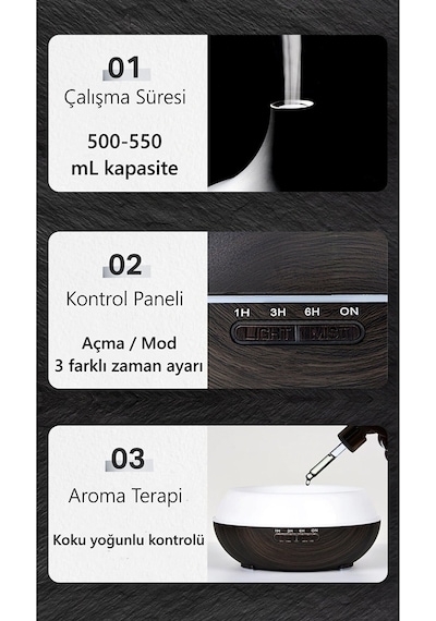 Uzaktan Kumandalı 550 Ml Aroma Difüzörü Ultrasonik Hava Nemlendirici 7 Renk Led