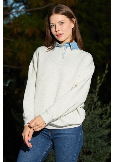 Fullamoda 3 İplik Kot Garnili Gömlek Yaka Oversize Sweatshirt Gri