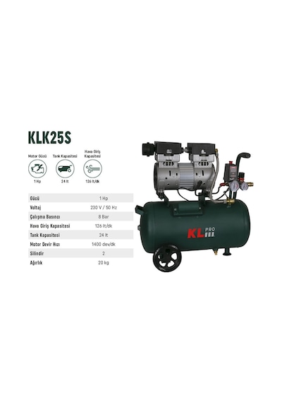 Klpro KLK25S 1 Hp 8 Bar 24 LT Sessiz Hava Kompresörü
