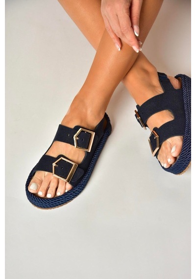 Fox Shoes U596330302 Lacivert Süet Kadın Sandalet Lacivert