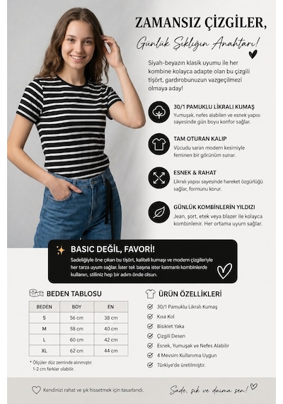 Technomonkey Kadın Slim Fit Dar Kesim Siyah Beyaz Çizgili Kısa Kollu Tişört