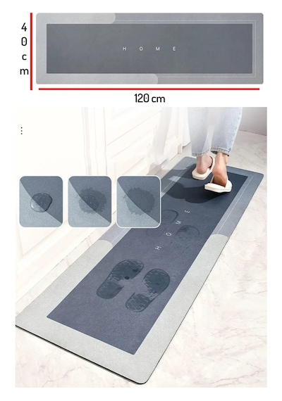 Nobera Kauçuk Kaymaz Tabanlı Ultra Emici Banyo Paspası 40x120cm Hızlı Kuruyan Paspas Gri