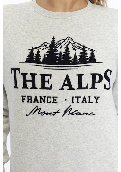 Gidia Kadife The Alps Desenli Gri Melanj Yumuşak Dokulu Regular Fit Bisiklet Yaka Kadın Sweatshirt Grimelanj