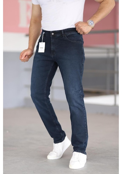 Bürke Premium Erkek Koyu Lacivert Renk Regular Fit Rahat Kesim Esnek Likralı Denim Jeans Kot Pantolon