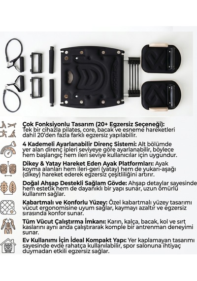 Ahşap Pilates Aleti 20+ Egzersiz Destekli 4 Kademe Dirençli Kayan Platformlu Fitness Egzersiz Aleti Siyah