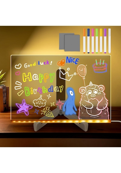 Abatech Renkli Led Not Tahtası, Mesaj Panosu, Akrilik Aydınlatmalı, Silinebilir Beyaz Tahta, Gece Lambalı Şeffaf, 7 Neon Kalem 30 X 20