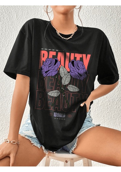 Uyguntarz Unisex Beauty Tasarım Basklı Tshirt Siyah