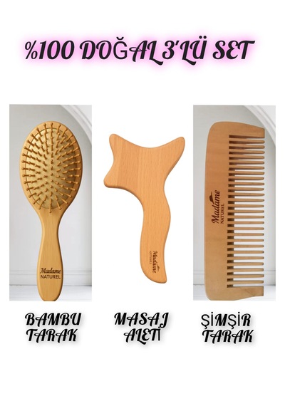 Üç'lü Bakım Set Bambu Tarak+ahşap Masaj Tahtası+ahşap Büyük Boy Tarak 001
