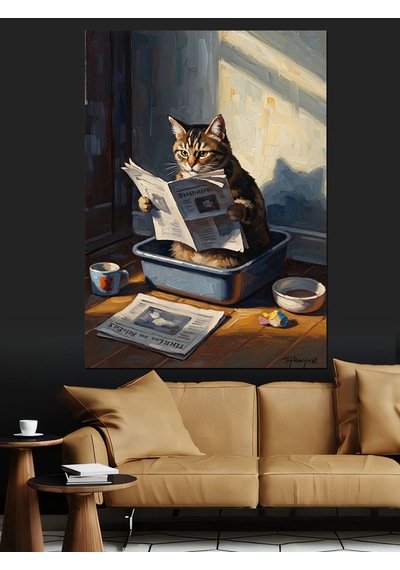 Tuvalette Gazete Okuyan Kedi Tablo Dekoratif Kanvas - Mdf Ahşap Tablo