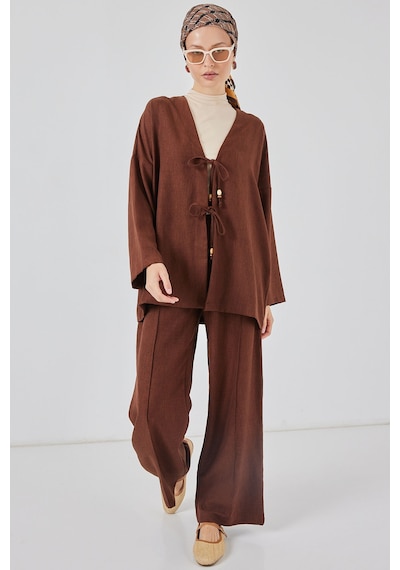 Bigdart Kadın Keten Kimono İkili Takım 6727 - Kahverengi