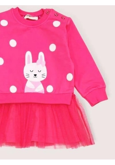 Breeze Kız Çocuk Tavşan Desenli Eteği Tüllü Sweat Elbise-15362 Pembe