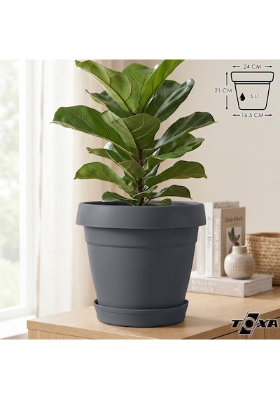Tabaklı Delikli Plastik Çiçek Saksısı, 24 Cm 5.5 Lt, 1 Adet, Antrasit