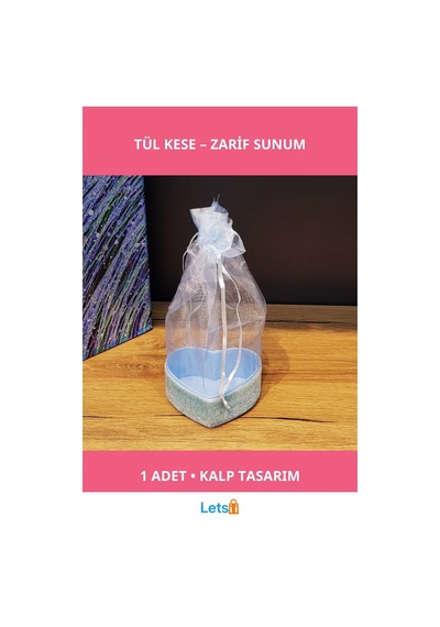Mavi Kalp Tasarımlı Şık Tül Kese 16 Cm