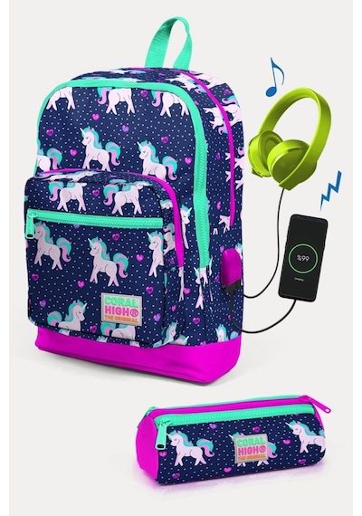 Coral High Kids Lacivert Pembe Unicorn Desenli Usb'li 2'li Okul Çanta Seti - Kız Çocuk