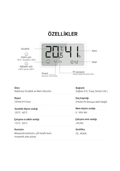 Tuya Zigbee Lcd Ekranlı Sıcaklık Ve Nem Sensörü